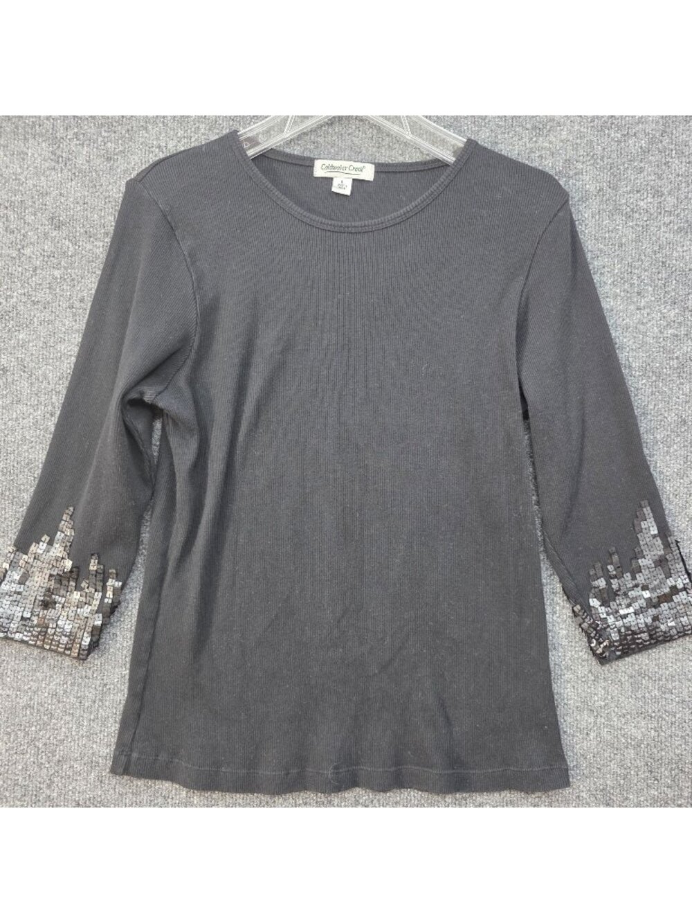 Coldwater Creek Ribbed Cotton Top L Black Sequin Sparkle Glam Whimsygoth Y2K
